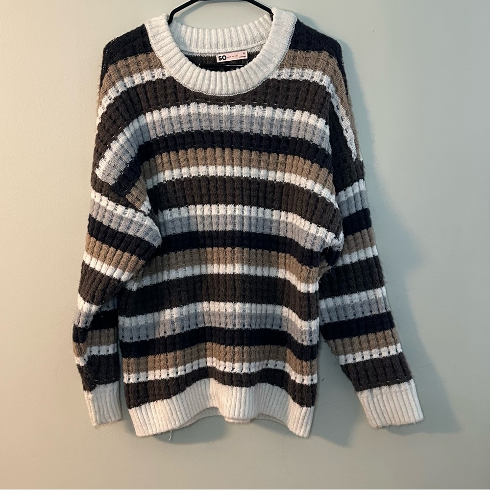 SO Striped Rib-Knit Crewneck Sweater in Black, White & Brown-Tan